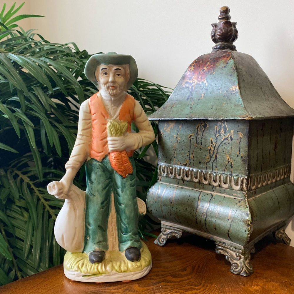 Vintage Ceramic Farmer Figurine in Green and Orange